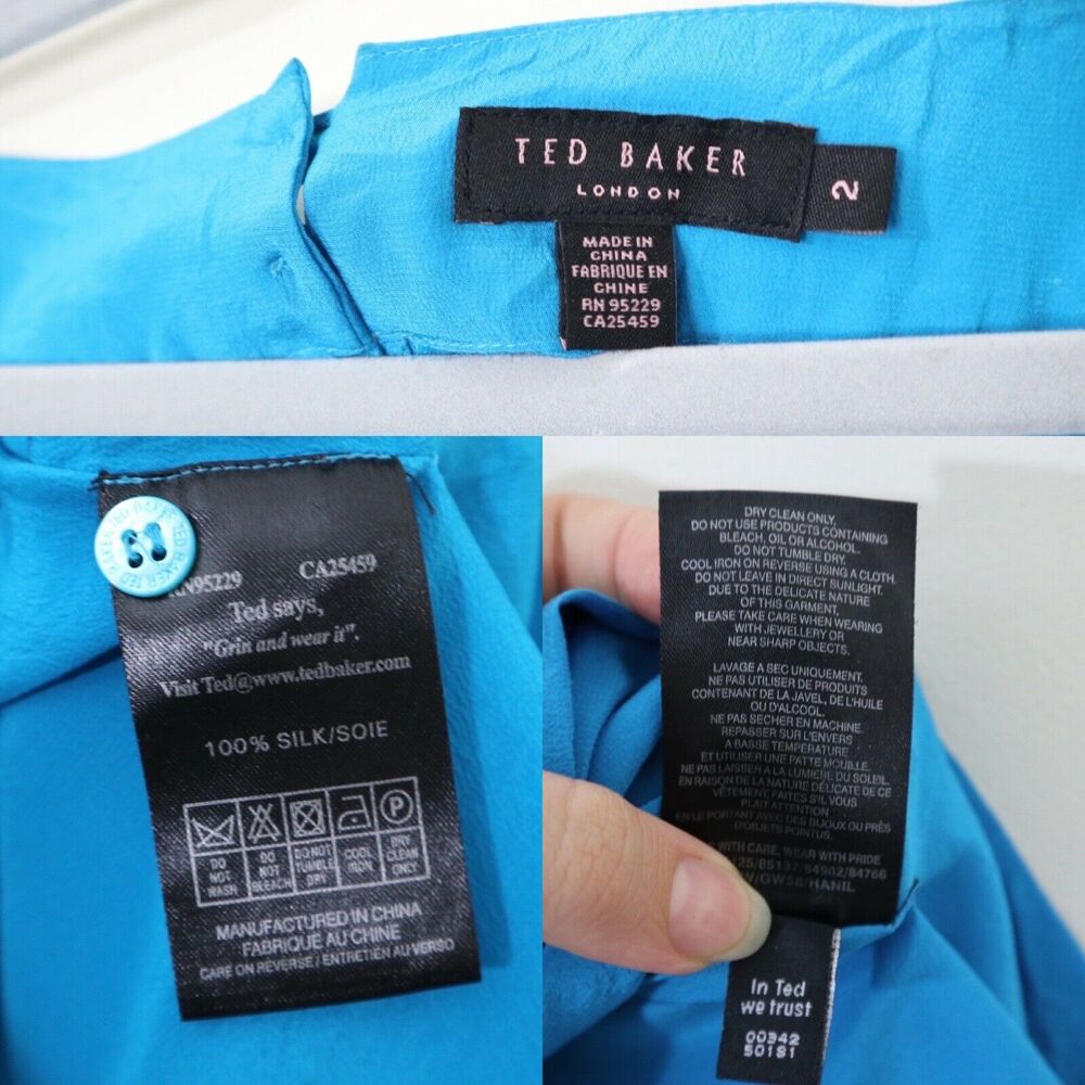 Ted Baker London 2 US 6 Silk Boxy Blouse Blue Satin Wide Sleeve Square Top - Picture 3 of 11